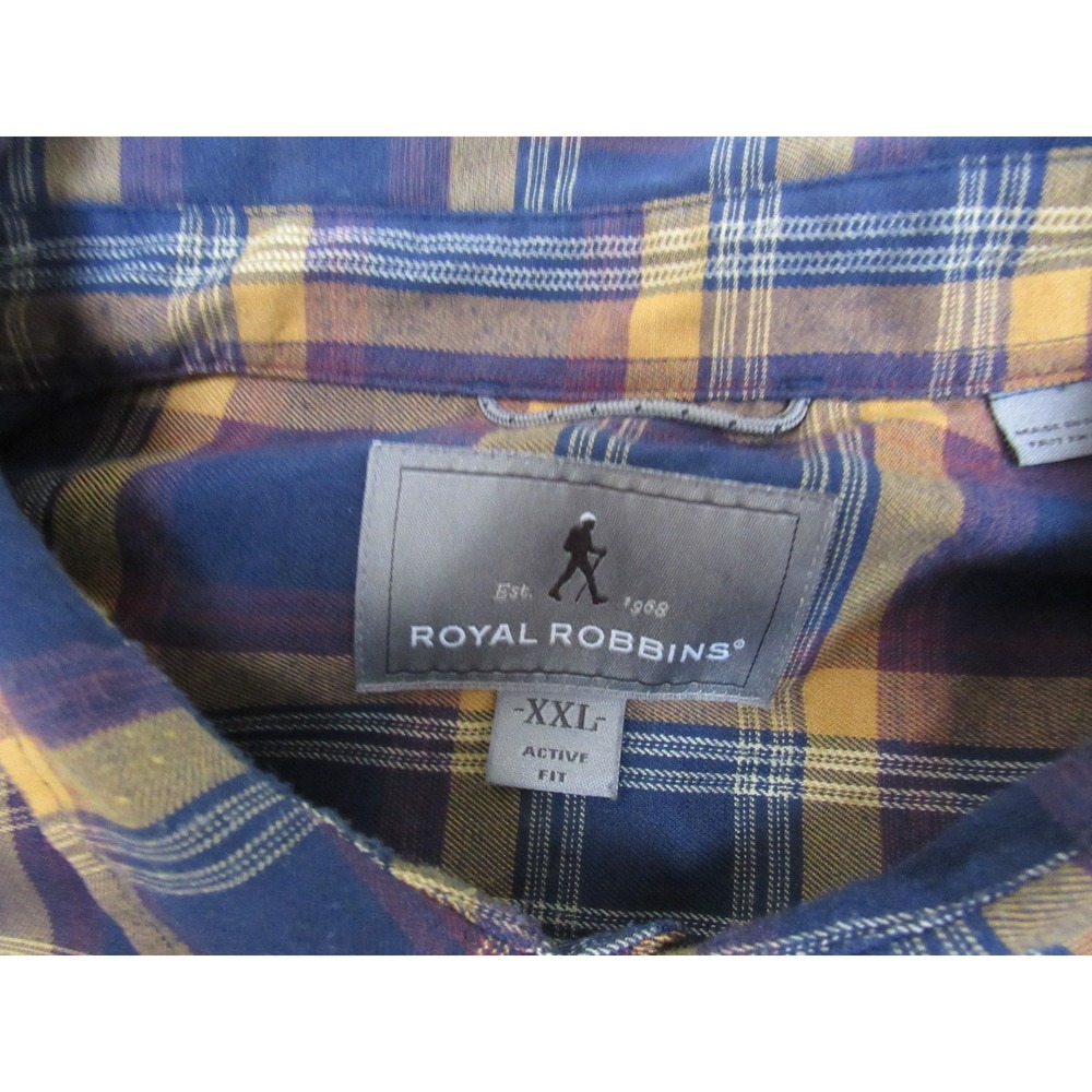 Royal Robbins Mens XXL Active Fit Plaid Snap Front Hiking Shirt Blue Yellow - Picture 3 of 8